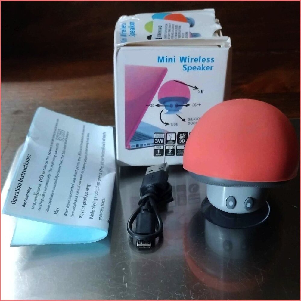 New - Wireless Mini Bluetooth Mushroom Speaker/Mic with Suction Cup -Orange